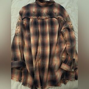 Free People Plaid Button Up Shirt bronze Studded Details Size L pink/blue/cream